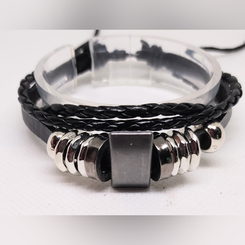 Men's Bracelet Leather Braided Layered‎ Black New f42